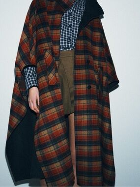 Zara Rust Plaid Wool-Blend Cape
